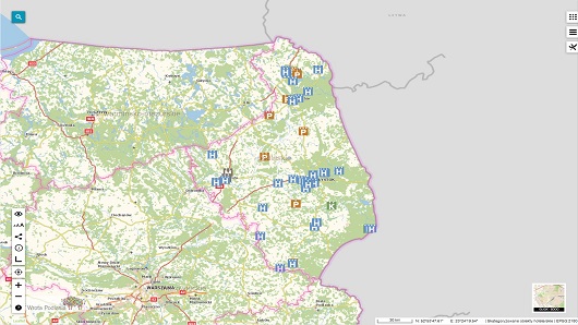 obraz przedstawia kawałek mapy z lokalizacją skategoryzowanych obiektów hotelarskich