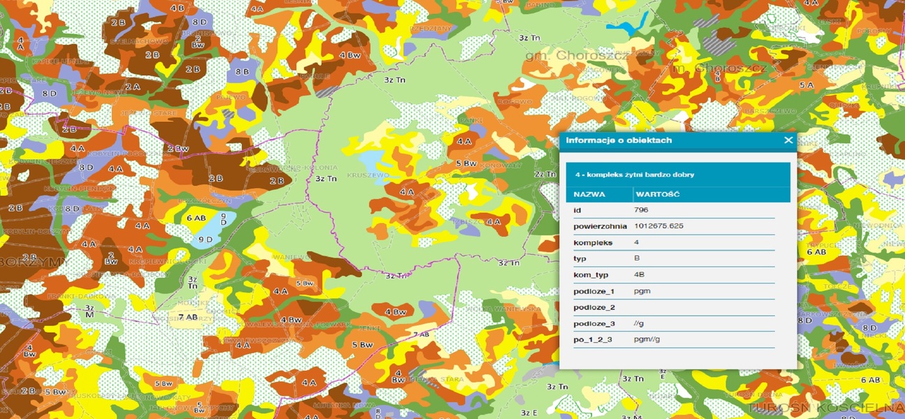 obraz z kawałkiem kolorowej mapy glebowo-rolniczej i nałożoną informacją o konpleksie glebowym