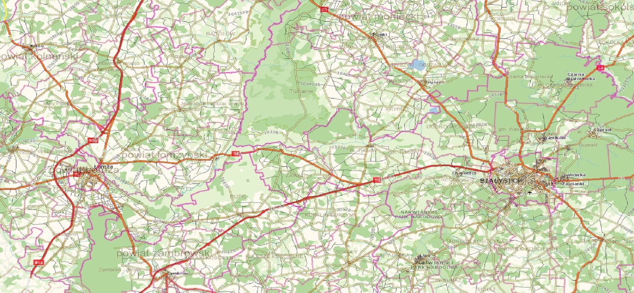 mapa przedstawia kawałek mapy z liniami dróg